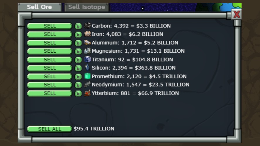 Selling Neodymium in the Sell Center in Mr. Mine